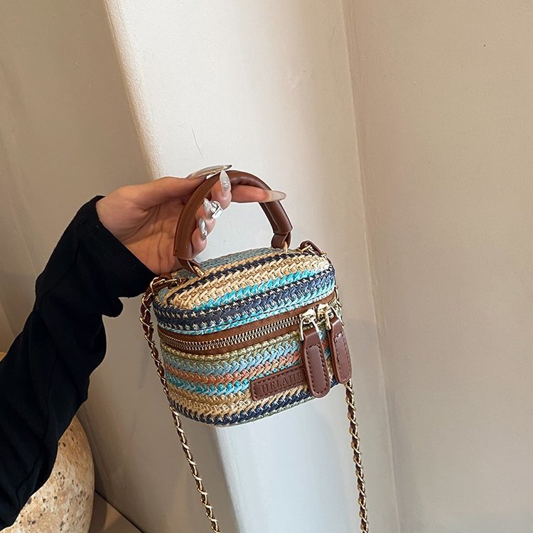 2024 Mini Straw Small Square Bag Women's Bag Summer Chain Contrast Color Shoulder Bag Bohemian Weaving Small Shoulder Bag
