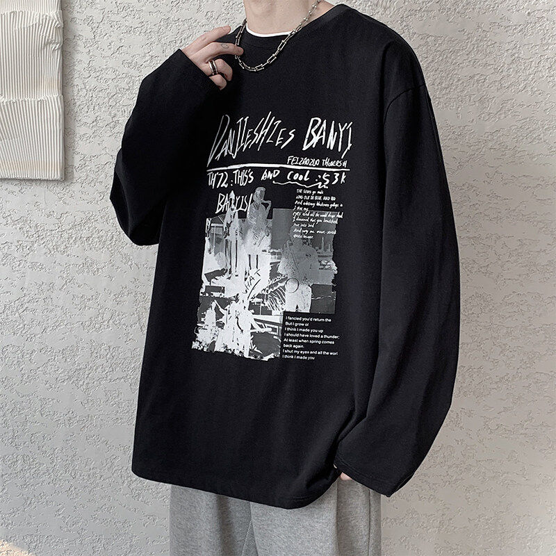 Autumn long-sleeved T-shirt autumn American print loose casual T-shirt for men
