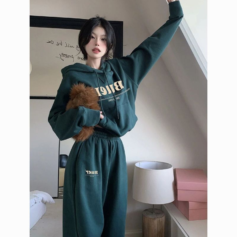 Versatile sportswear suit for women, spring and autumn sweatshirt and sweatpants for students, loose, slim, fashionable and casual two-piece set