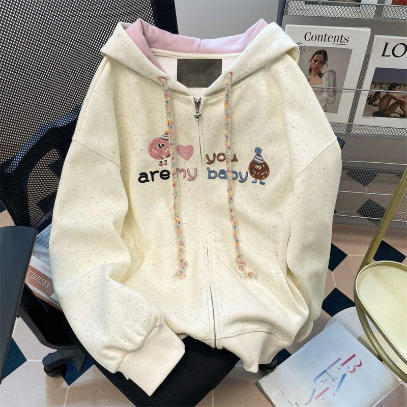 Japanese cute colorful dot embroidery hooded cardigan sweatshirt for women autumn new style small style age-reducing top jacket