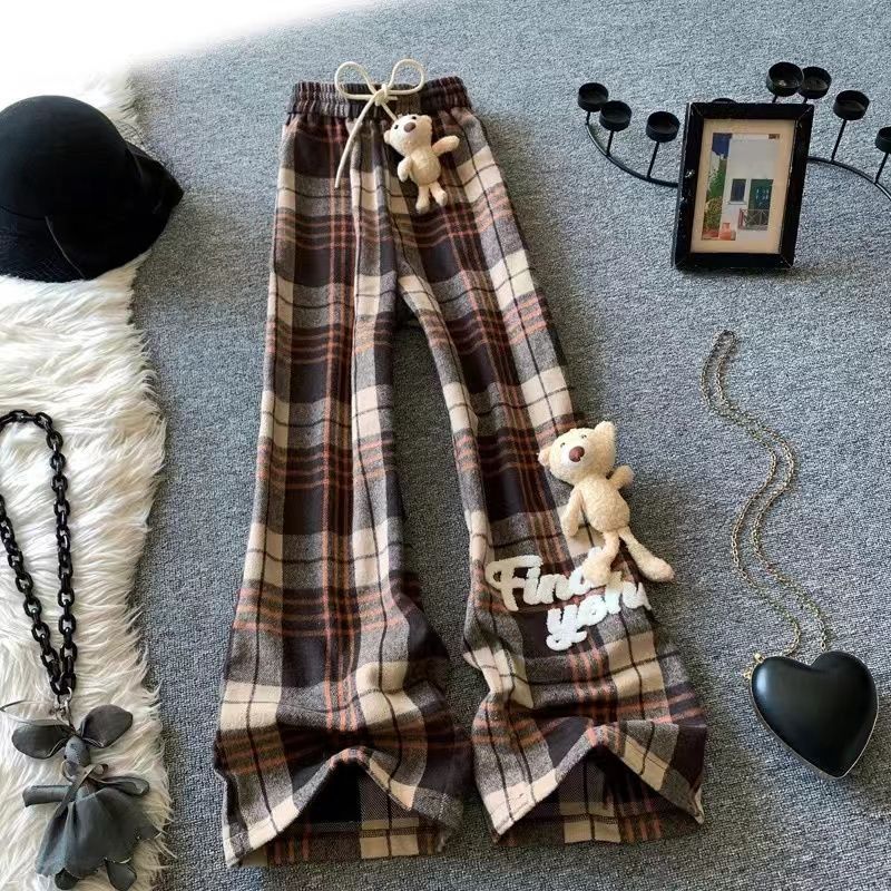 Women's autumn new three-dimensional bear plaid wide-leg pants with 2 bears loose casual straight pants