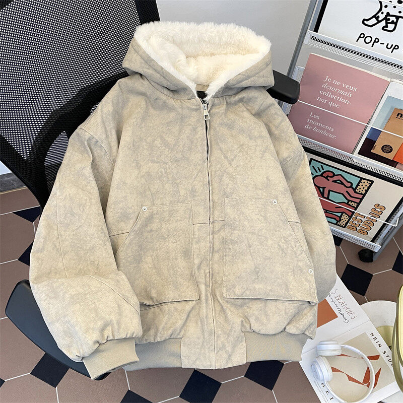 Winter new Piushuai distressed pure cotton lamb wool hooded warm cotton coat