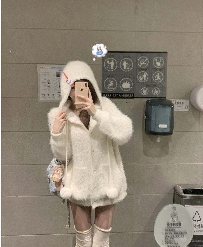 White furry hooded sweatshirt jacket for women autumn and winter thickened loose casual versatile knitted sweater cardigan