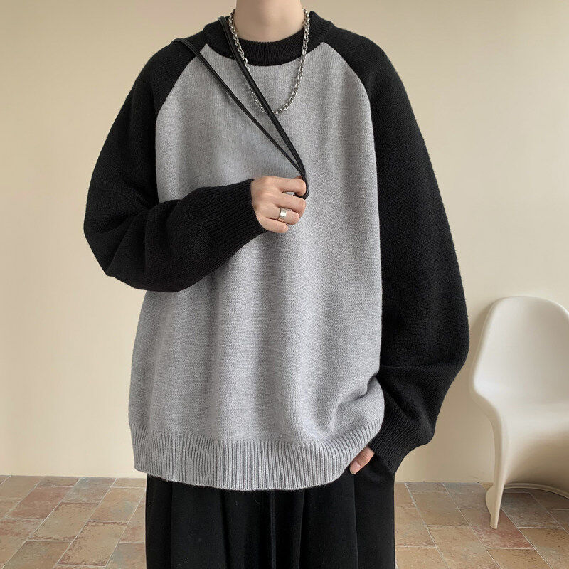 Autumn and winter raglan sleeves, round neck, contrasting color casual sweater