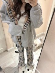 Milk silk/silver fox velvet Chinese cotton composite plaid patchwork hooded sweatshirt for women