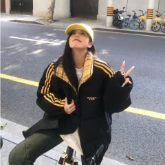 Muggle ribbon striped cotton coat for men and women, winter thickened couple plaid splicing cotton coat, stand collar bread coat