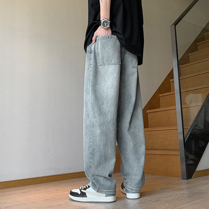 Nostalgic blue jeans elastic waist texture loose straight pants men and women wide leg pants