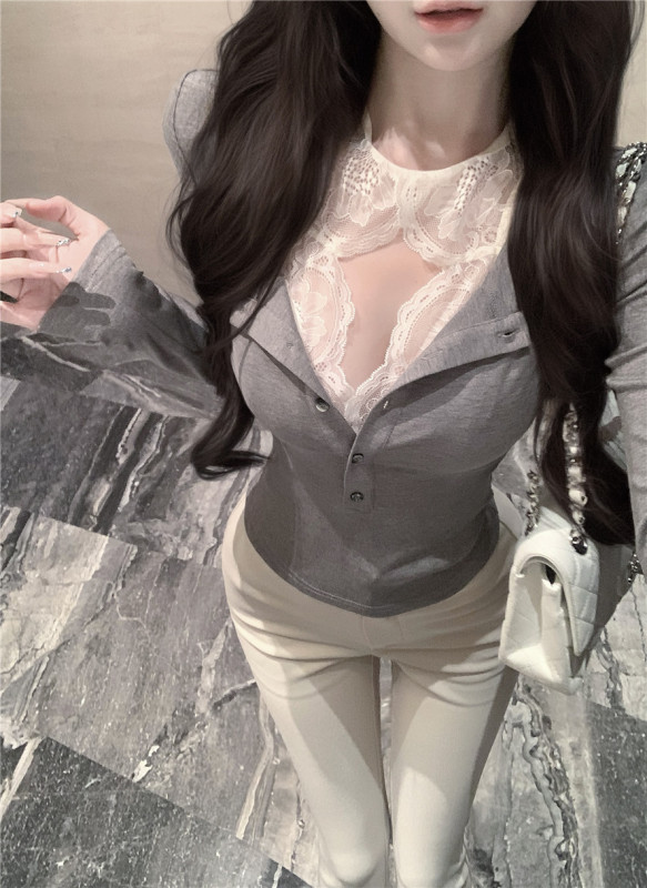Pure lust sexy figure-showing lace stitching fake two-piece bottoming top