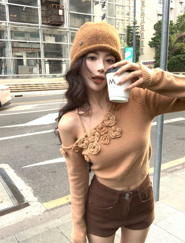 Rose flower off-shoulder sweater early autumn new sweet design temperament long-sleeved sweater for women