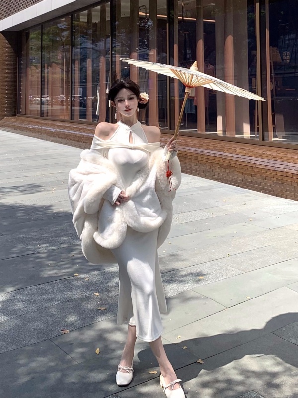 New Chinese style white cloak thickened shawl coat slim hip hip skirt dress bottoming skirt
