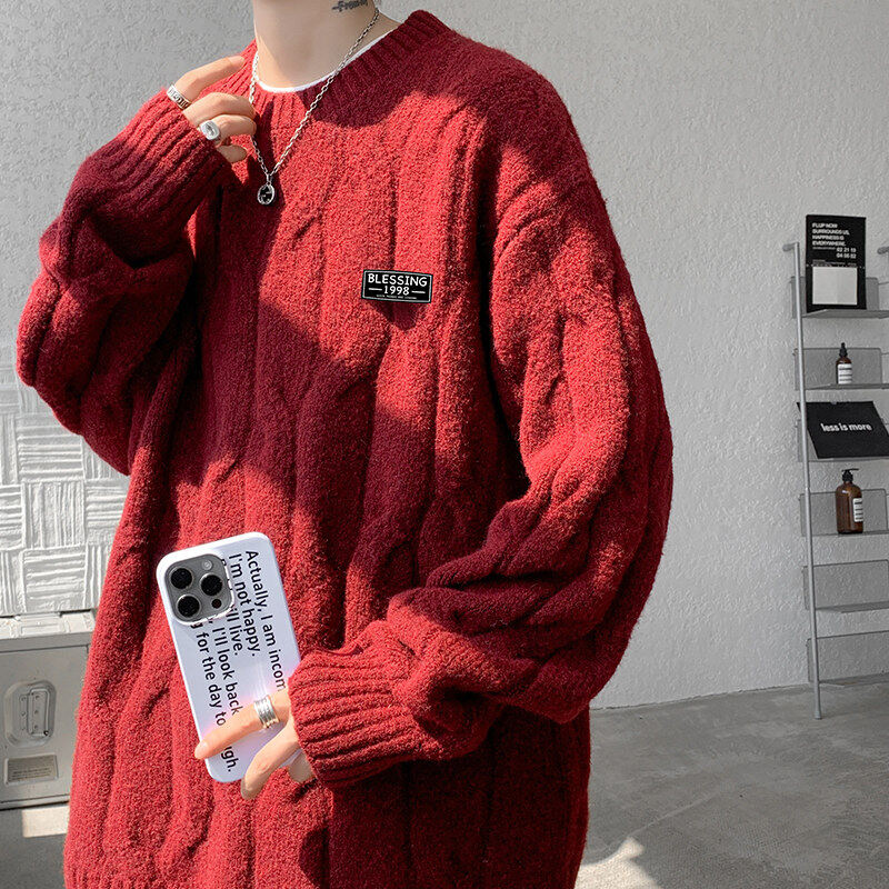 Round neck sweater men's autumn and winter lazy style loose couple wear twist knitted woolen sweater