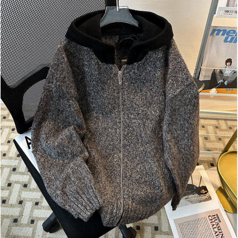American trendy hooded mohair cardigan men's zipper casual loose hooded knitted sweater autumn and winter coat