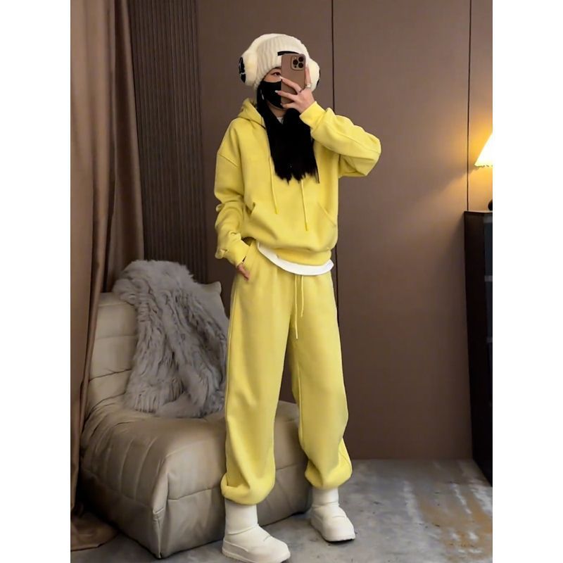 Korean style casual sports suit, age-reducing hooded fake two-piece sweatshirt and sweatpants two-piece set for women