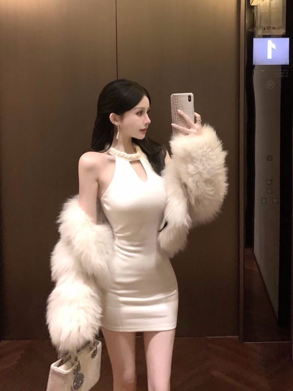 Hot girl sexy heavy industry halterneck tube top slim dress bottoming skirt