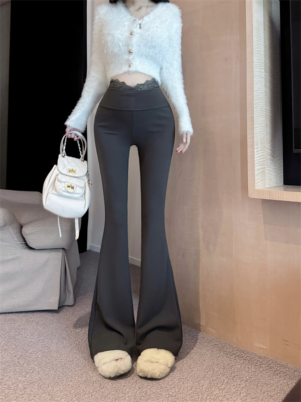 New style lace waist splicing design black slim fit micro-flare drape casual trousers