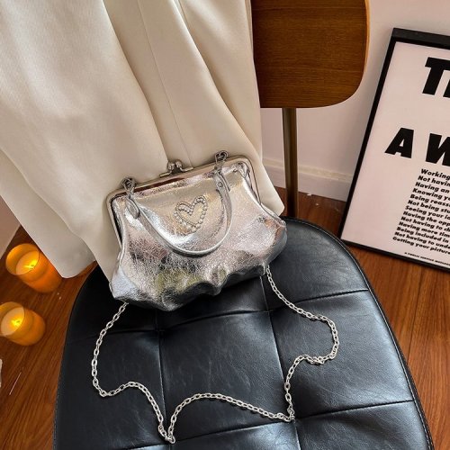Colorful laser PU small bag, fashionable pleated clip bag, sweet love beading, portable evening bag, chain crossbody