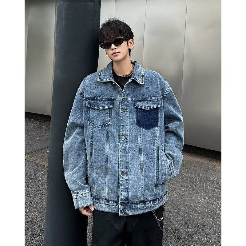 Washed denim jacket men's retro multi-pocket casual loose top coat 7770 P80