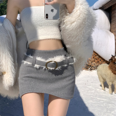 Maomao belt Korean style high-waisted slimming anti-exposure short skirt winter hip-hugging suit skirt for women
