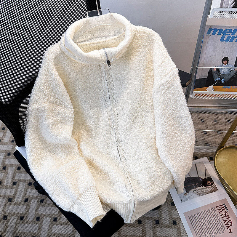 Heavyweight stand-up collar double zipper knitted cardigan men's winter high-end stand-up collar sweater jacket