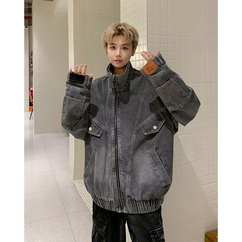 Niche trendy brand deconstructed washed heavy-duty reverse split stand-collar loose denim jacket