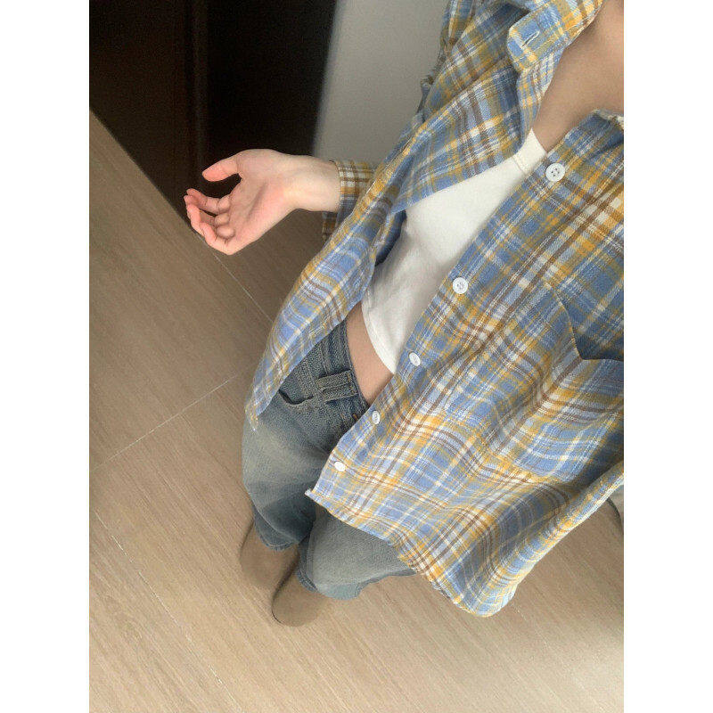 Retro blue and yellow plaid shirts for men and women, high-end layering plaid shirts and jackets