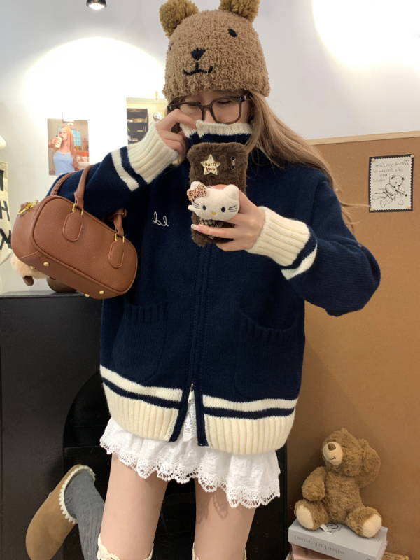 Contrast color loose long-sleeved stand-up collar sweater jacket new sweet and cool unique niche knitted top