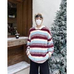 American retro blue and white striped hooded sweaters for men and women in autumn and winter lazy style contrasting color couple knitwear