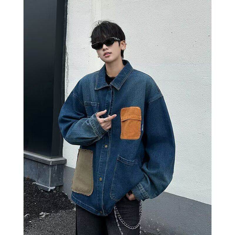 Spring and Autumn Contrast Color Splicing Lapel Denim Jacket Men's Long Sleeve Retro Casual Loose Casual Jacket