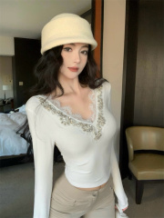 Heavy-duty eyelash lace V-neck warm and slimming bottoming shirt top T-shirt long sleeves