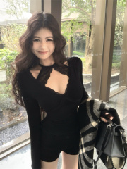 Sexy lace V-neck design top autumn slim-fitting outer T-shirt