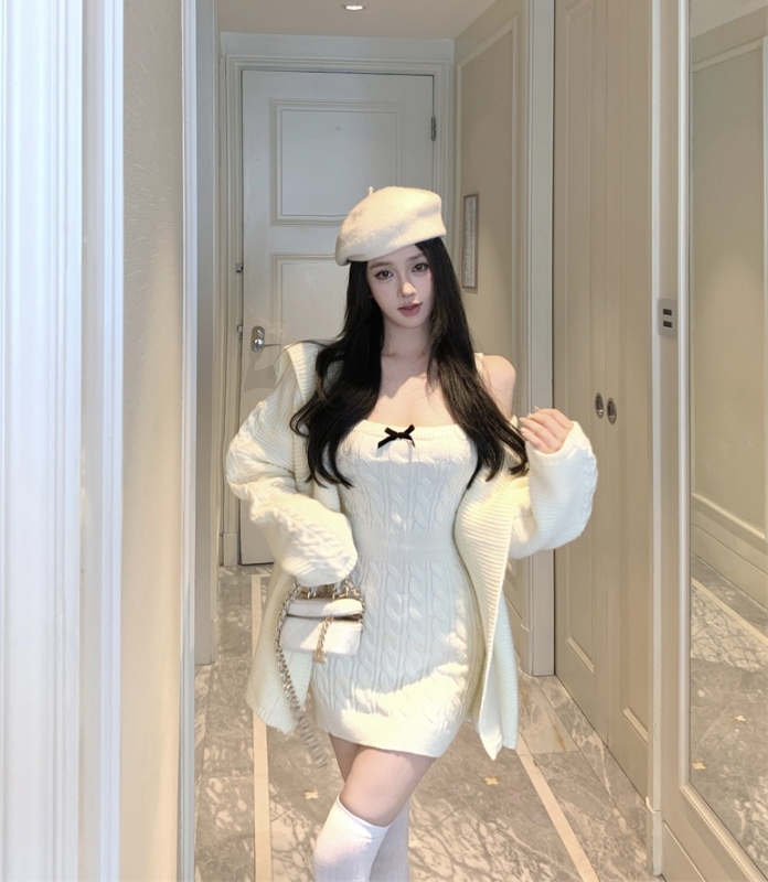 Autumn and winter Korean style lazy style bow design twist sweater dress knitted cardigan suit