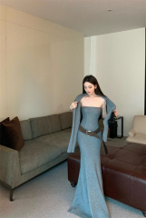 Fashionable retro design strapless knitted sweater dress long skirt cardigan jacket