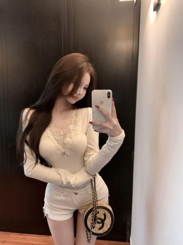 Korean style slim fit sweet spicy lace splicing long-sleeved stretch knitted T-shirt base layer