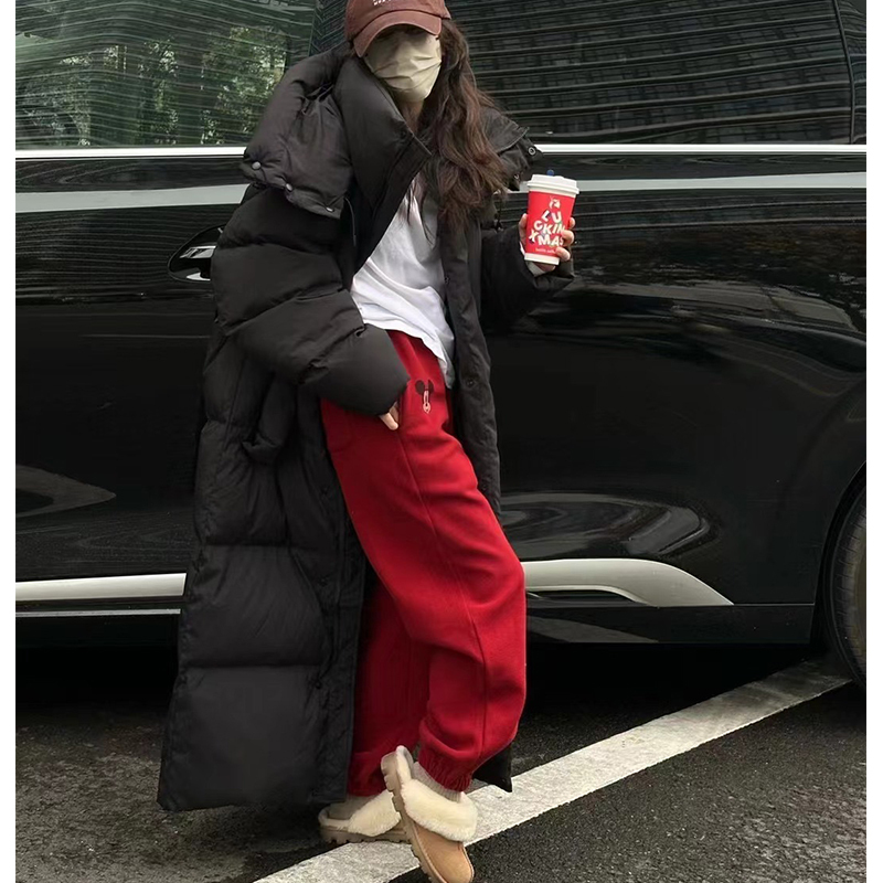 Extra long down jacket for women over the knee 2024 new thickened large quilt winter mid-show hooded cotton jacket
