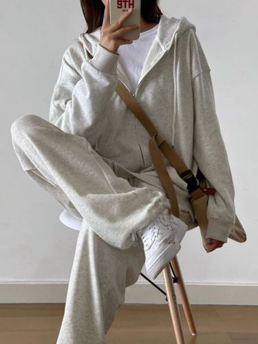Popular American Korean style lazy style long-sleeved hooded cardigan pure cotton autumn sweatshirt suit