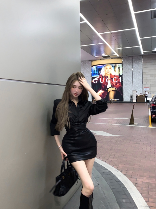 Super waist-to-hip ratio Autumn long-sleeved sexy shirt slim-fit hip-hugging skirt two-piece suit
