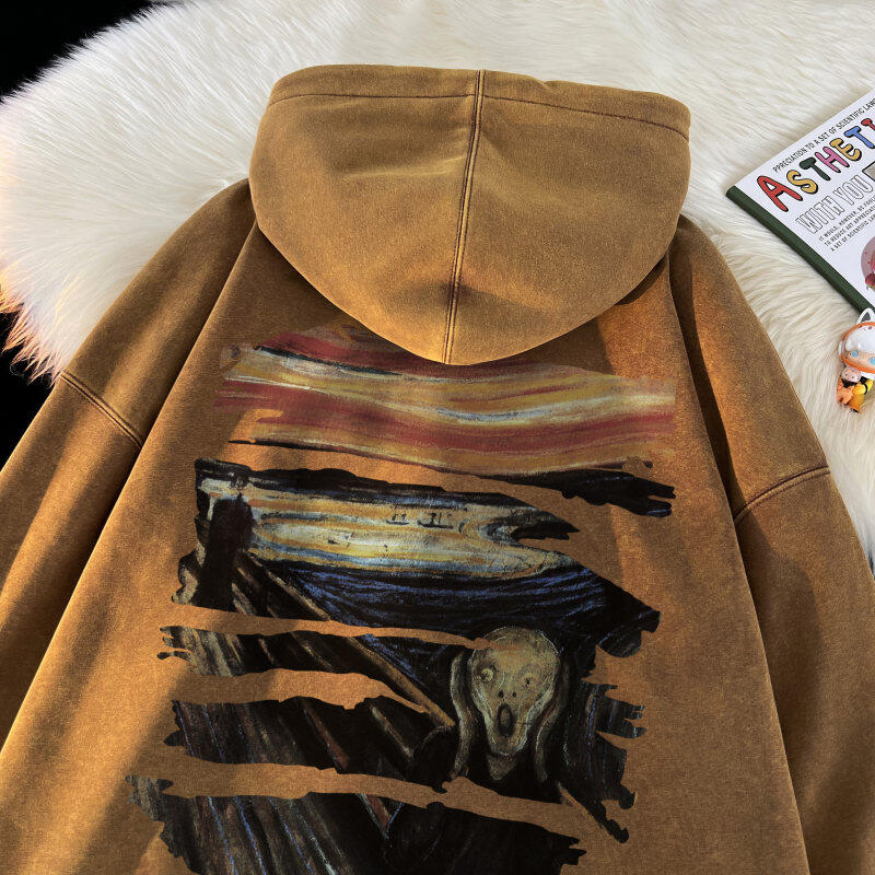 Quality autumn new retro printed heavyweight washed hooded sweatshirt