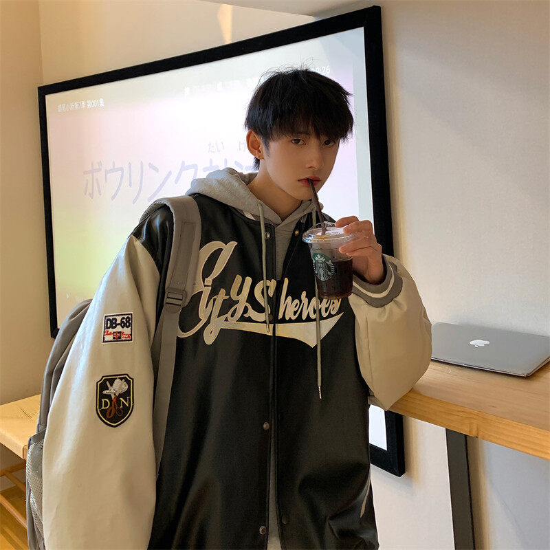 American spring and autumn baseball uniform jacket loose letter embroidered leather jacket top