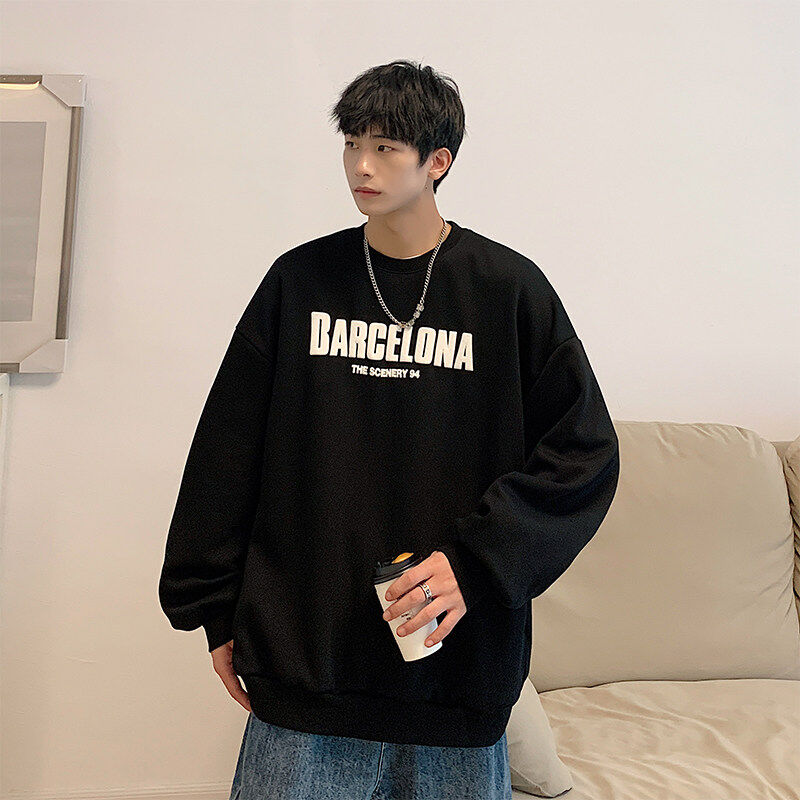 Hong Kong style round neck sweatshirt for men, off-shoulder bottoming shirt, trendy and versatile outer top