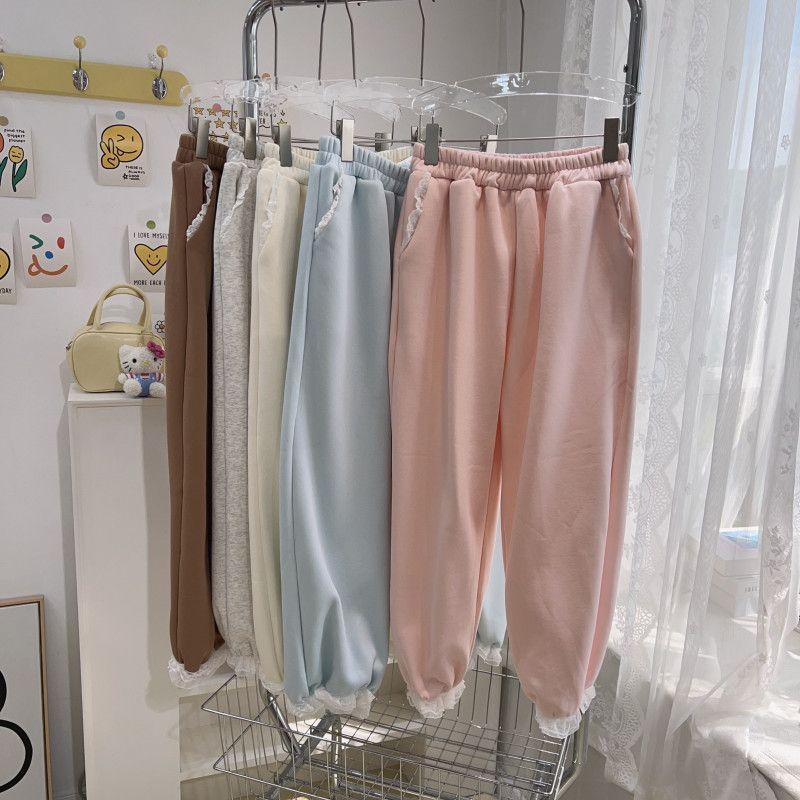 South Korea's 2024 new niche sweet and fresh lace elastic waist fast-foot plus velvet sweatpants for women