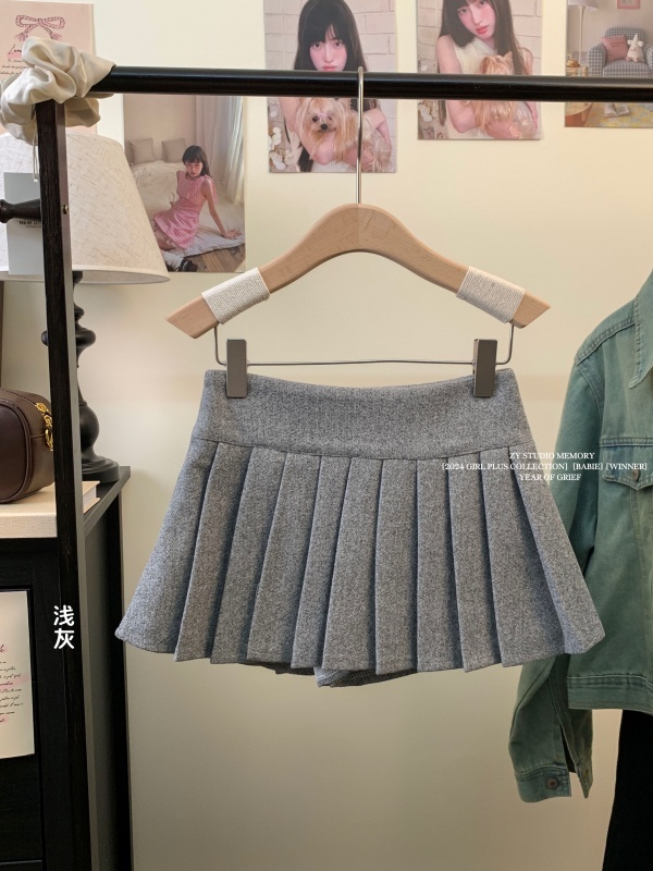 Pure Desire Sweet Hot Girl Pleated Skirt Versatile Small High Waisted Woolen Gray Miniskirt