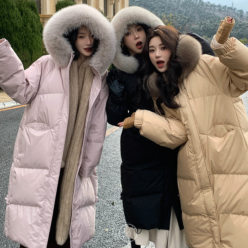 Hooded thickened mid-length large fur collar down jacket for women slimming winter coat