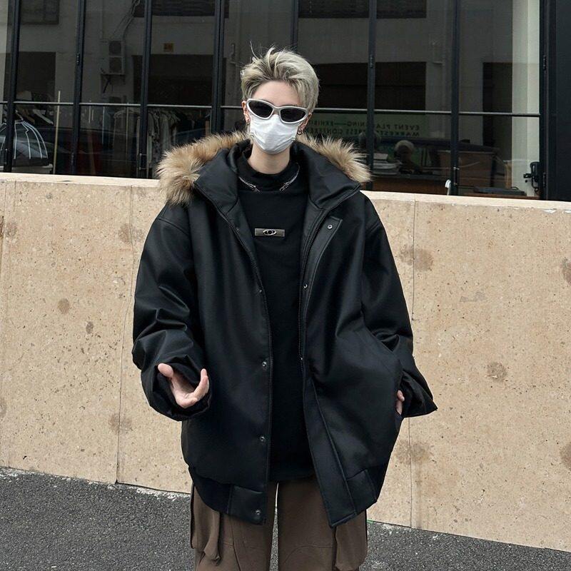 Winter retro versatile warm removable fur collar heavy PU leather cotton coat INS thick coat for men