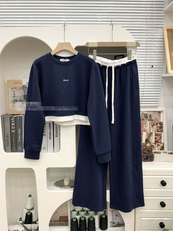 Korean style autumn new fashion contrasting color sports suit round neck sweatshirt + high waist wide leg pants casual two-piece set for women