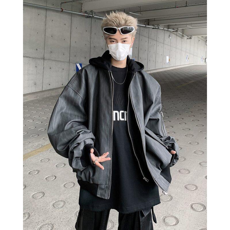 Zipper hooded fake two piece leather jacket men's street loose versatile jacket