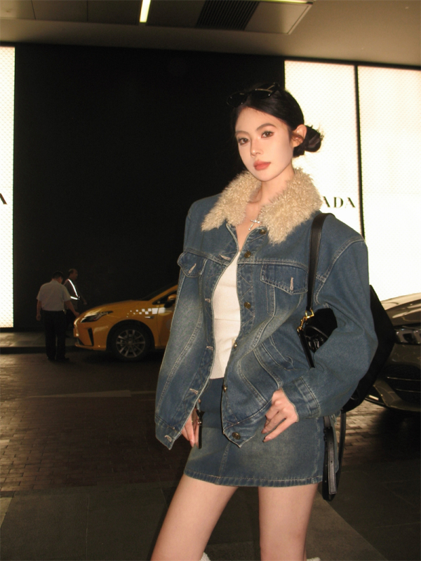 Winter retro lapel plus velvet thickened denim long-sleeved jacket high-waisted skirt two-piece suit for women