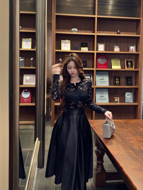 Temperament and sexy black lace fragrance late autumn wear high-end suit