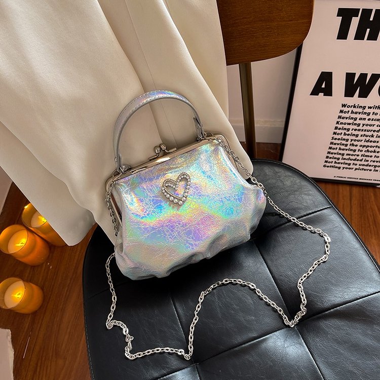 Colorful laser PU small bag, fashionable pleated clip bag, sweet love beading, portable evening bag, chain crossbody