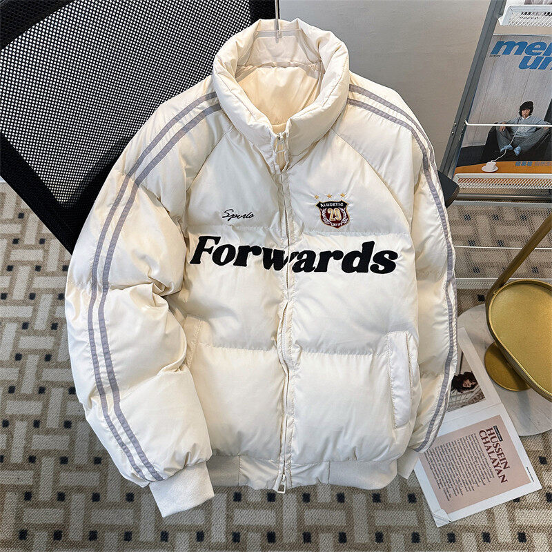 American trendy brand letter embroidered cotton coat men's winter retro striped thickened sports bread coat couple style cotton coat