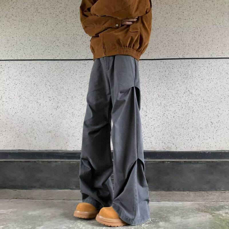 High street niche pleated slightly flared overalls for men, high-end, loose straight casual pants